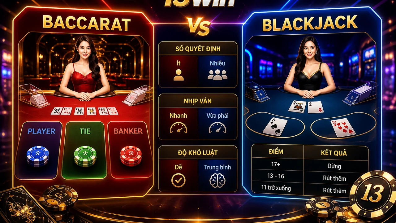 Baccarat hay Blackjack? So sánh baccarat và blackjack trên 13win cho người mới